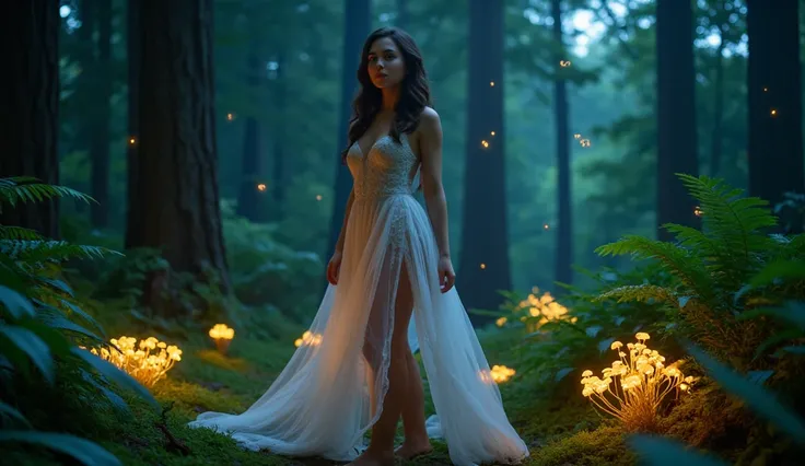 beautiful woman in short dress standing in forest lit by fireflies and glowing flowers.