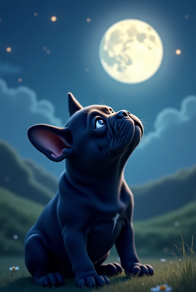  Create an image of a black bulldog puppy, Make him cute looking at the moon 