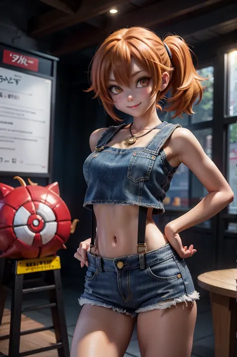 professional anime, anime :Pokemon, anime style: OLM.inc, masterpiece, best quality, high resolution, 1 woman only, misty (pokemon), orange hair, solo, shorts, suspenders, side ponytail, orange hair, stomach, yellow crop top, navel, short hair, denim, jean...