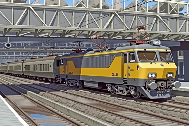 60s style powerful locomotive travelling through an orange rocky desert, avant garde design locomotive, telegraph poles near tracks, (((very long slender thin electric locomotive))),  pantograph, catenary wires overhead, clear blue sky, (many wheel bogies)...