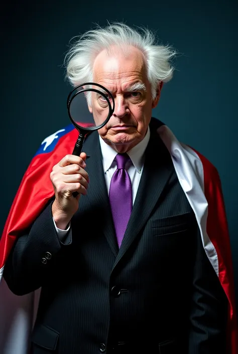  Stylish photo ,  old man with white hair like crazy scientist ,  in a striped black suit and purple tie , with an angry face,  holding a magnifying glass with one hand that makes one eye look big.  Dark background with shades of light blue far .  With a f...