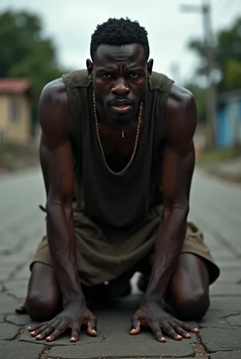 The image of a dark-skinned African man ,  crying on his knees on the floor of a deserted street.