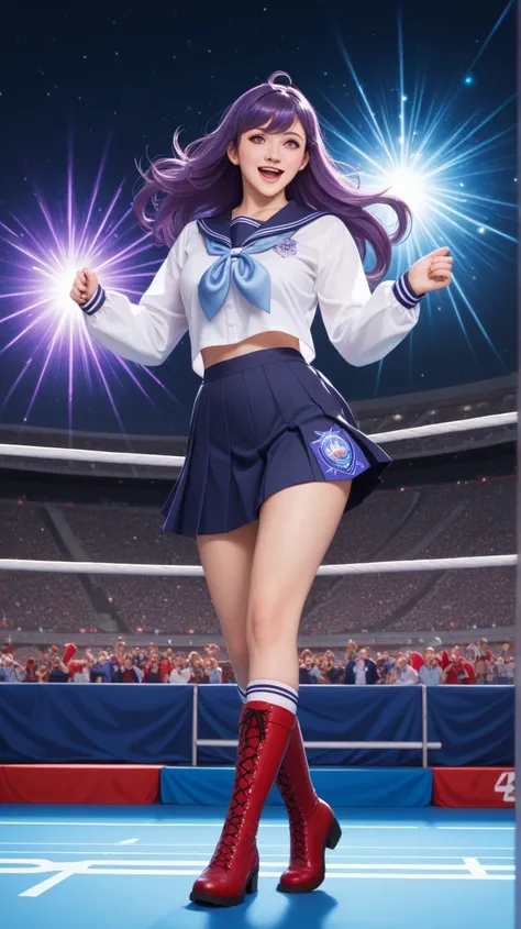 "A full body representation of Athena Asamiya walking confidently in her sexy red and blue school uniform with red boots and psychic energy emanating faintly around her. Long purple hair with bangs and white bow with a star. The background is a modern stad...