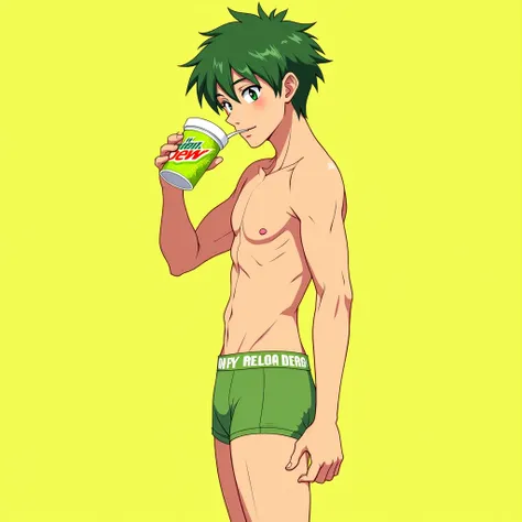 sexy shirtless anime boy with shareded body drink honey dew tea, add text "melon tea" in that picture. add more honey dew ornamen.  dominan green & yellow in picture. that boy using brief boxer. with sensual pose