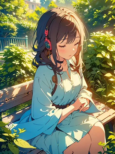 1girl,beautiful,sitting on garden bench,eyes closed,feeling music,headphones,detailed eyes,detailed lips,detailed face,serene expression,lush garden background,natural lighting,warm color tones,soft focus,photorealistic,8k,highly detailed,intricate details...