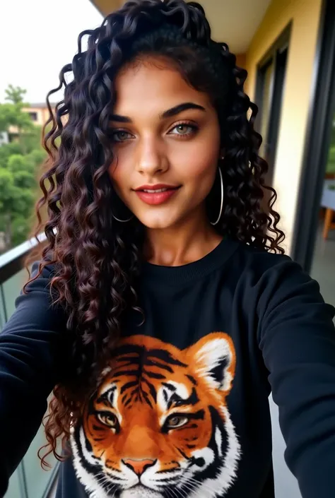  Dark-skinned Amazonian woman,  curly hair, braided ,  Long and voluminous , crochet tiger sweatshirt , Written **((Gabriela))**  in black crochet,  taking a selfie , same background, ( small breasts ),  WIDE HIPS,  fine winding,  big ass and thick thighs ...