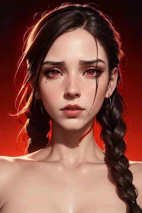 score_9, score_8_up, score_7_up, a woman with dark makeup and braids with a red background and a red background behind her is a portrait of a woman with dark hair and makeup, Bastien L. Deharme, art greg rutkowski, cyberpunk art, fantasy art, sinozick styl...