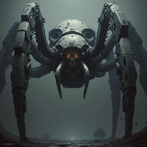 a mechanical spider with blades wrapping around, highly detailed, photorealistic, 8k, award winning art, intricate details, hyper realistic, cinematic lighting, moody atmosphere, dark fantasy, muted tones