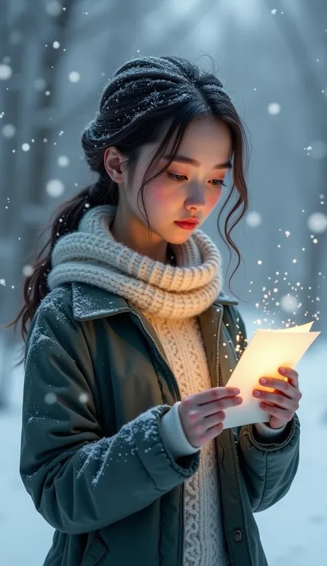 Sofia is looking at a note she is holding in her hand in winter while snow is falling on the back.
