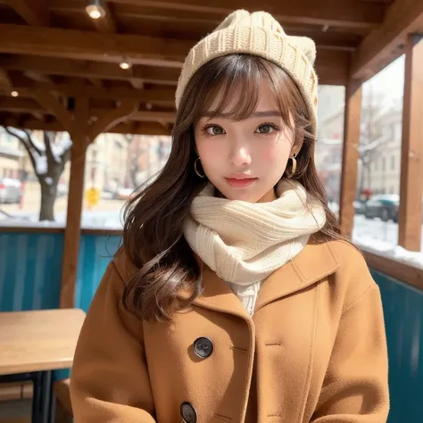 (winter, coffee shop, illumination),( Long Sleeve , turtleneck top,Camel coat,plaid scarf, boots, flare skirt ,Knitted hat, earrings for women with first name),(( top quality ,  super high res,  RAW photos , masterpiece ,detailed,  anatomically correct, te...