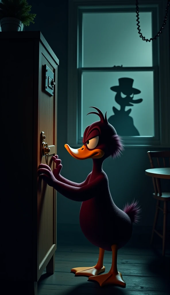 Dark night at cafe .Lala the duck is seen closing a cupboard with a lock,  while Duck Bobs shadow is faintly visible outside the window, grinning .