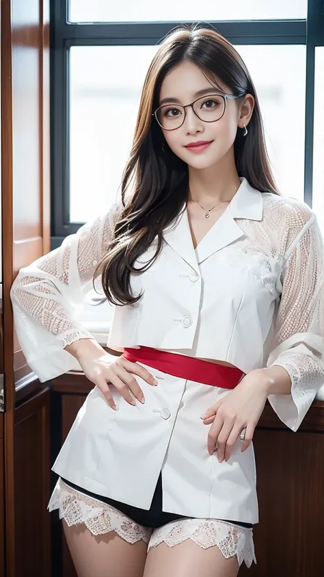 专业诊所的一位美丽的女doctor, ( top quality ,  High resolution ,  Very Detailed ),   wears neat white Lab coats and fitted lace underwear ., 단발 밥컷에 Glasses을 쓰고,  A warm smile appears on her face . doctor&#39; clear eyes,  Your nose is perfectly shaped ,  and luscious...