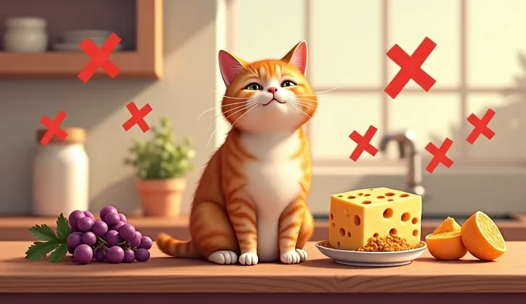 "A happy cat sitting next to a safe bowl of food, looking healthy and content. On the counter behind it, various dangerous foods like chocolate, grapes, and cheese are marked with large red X symbols. The cat is clearly being fed safe, healthy food, which ...