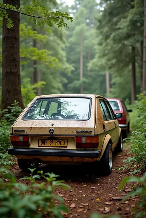 Car back of golf 2 old front old chrysler with forest background