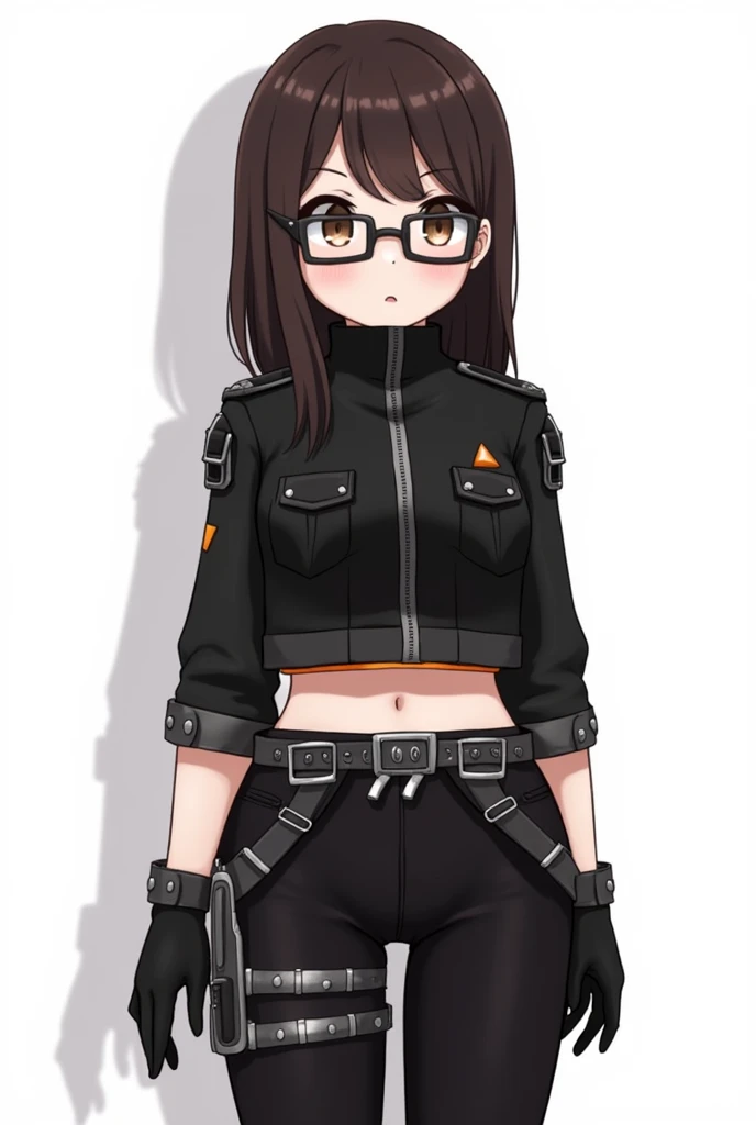 Her hair is long , seeds,  and dark brown .
 She wears glasses with black or dark frames ,  giving an intellectual or modern look .
The eyes are big,  in the style of animated characters , with highlighted pupils .
 She wears a short black jacket , } with ...