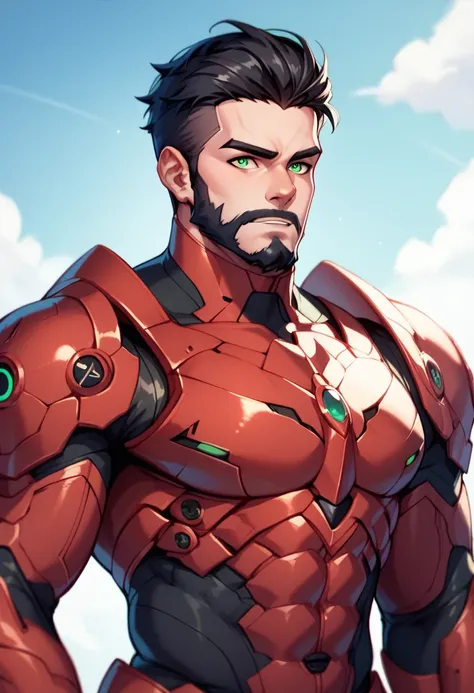 a man, his skin color is green, black hair, a short black beard, red futuristic armor, his physique is strong, green eyes, high definition 8k