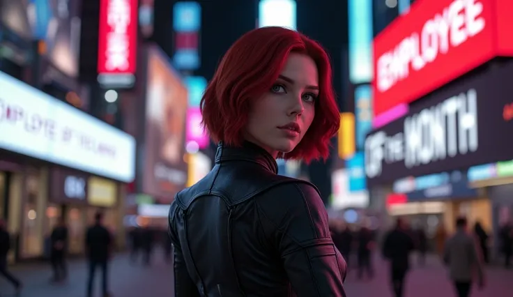 Black Widow, realistic, iconic look, realism, incredible details, 8k, in the background you can see time square and on all the screens it says: EMPLOYEE OF THE MONTH in neon lights, bright block letters.