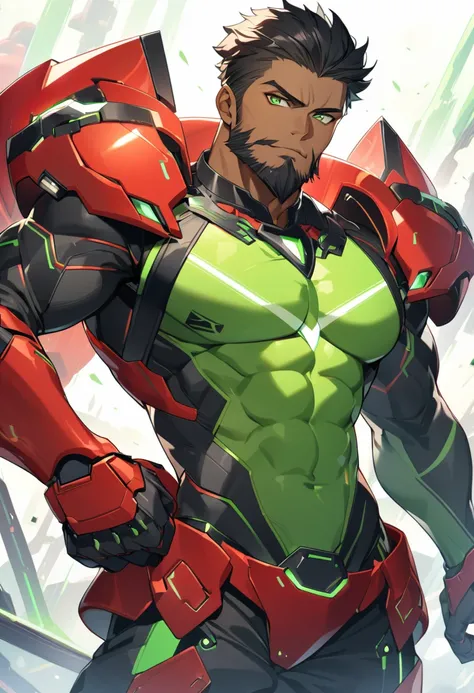 a man, his skin color is green, black hair, a short black beard, red futuristic armor, his physique is strong, green eyes, high definition 8k