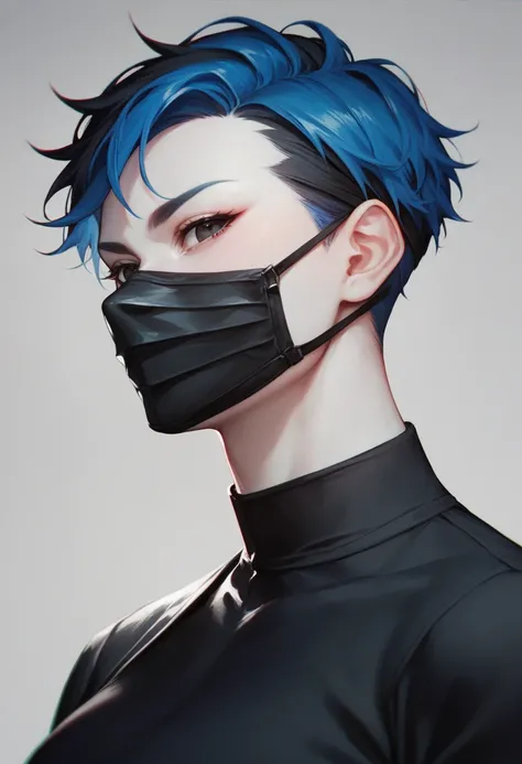 A twin anime with scary features. The first has blue hair and black eyes and the second has black hair and black eyes wearing a black mask with a black background and white skin wearing black clothes. Japanese anime