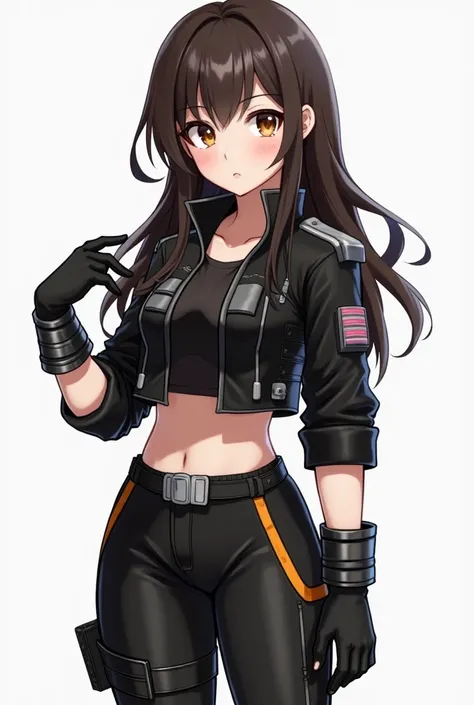 Her hair is long , seeds,  and dark brown .
The eyes are big,  in the style of animated characters , with highlighted pupils .
 She wears a short black jacket , } with silver metallic details and an orange line on the bottom hem .  The jacket has a modern ...