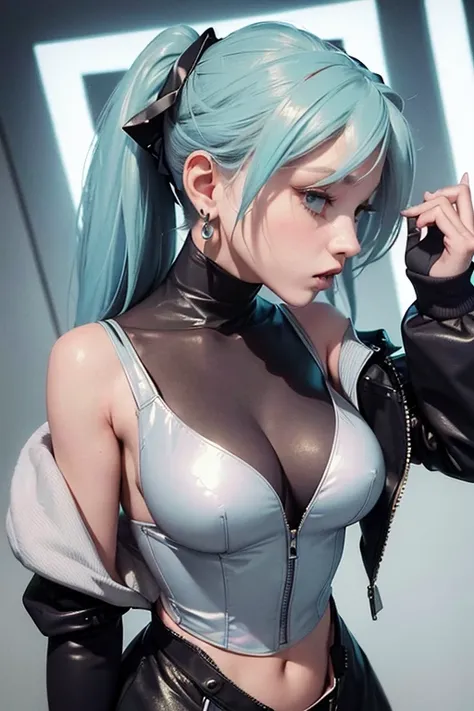 1girl, best quality, masterpiece, boots breasts double_bun earrings eyes_visible_through_hair gloves grey_hair hair_bun half_gloves jacket jewelry medium_breasts mouth_veil off_shoulder open_clothes dynamic pose open_jacket aqua_eyes hatsune miku cyberpunk...