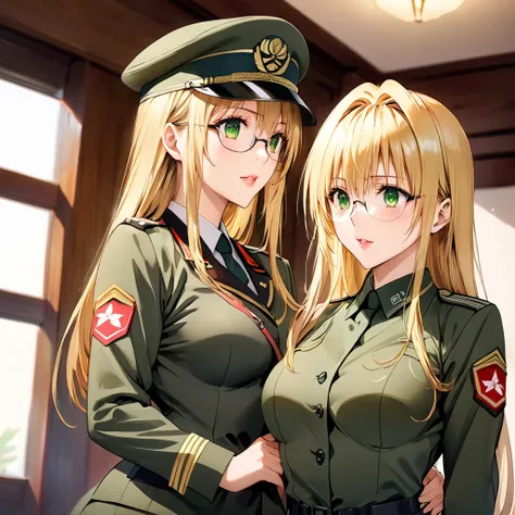 (( top quality )), ((masterpiece)), ( Details), （perfect face）、The blonde and green-eyed Tiayu Lunatique is wearing a khaki Chinese Peoples Liberation Army military uniform and a Chinese Peoples Liberation Army military cap、 A beautiful female soldier loya...