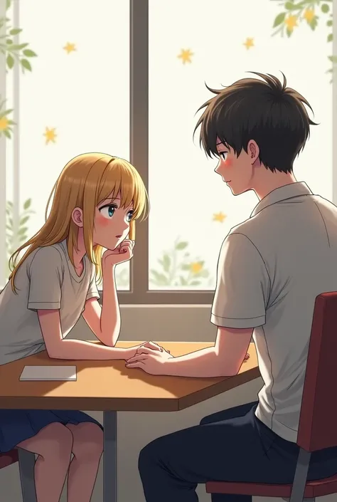 With the same characters and styles， The male student is at the table ， The girl is half-bent to the left looking at the male student ， the male student turned over and placed on the table， The surface seems calm and expressionless ，But the ears are slight...