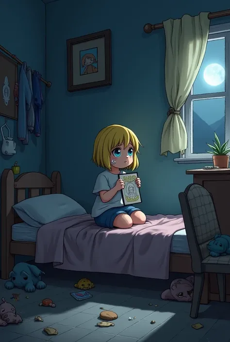  draw 
Emma, a  girl with short yellow shoulder-length hair and blue eyes, sits on a small bed in a quiet and partly dark room.  The room is full of things that belong to May, such as stuffed toys, small books, or even clothes hanging on a nearby chair .
	...