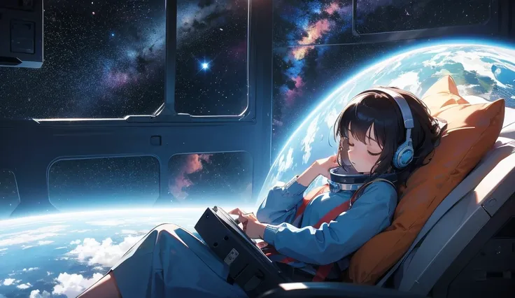 Girl sleeping while listening to music in space with a view of the Earth