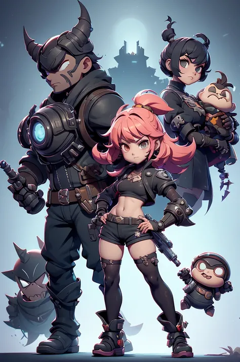 girl character style game contra, with big gun in hand , SHORTS VERY SHORT,  rayman legends style art with dark theme, NieR Automata, perfect symmetry, demons enemies in turn, castlevania style, style rayman legends , small, small sobre armadura robótica