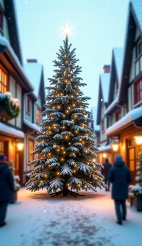 A blurry Christmas tree in a village. 