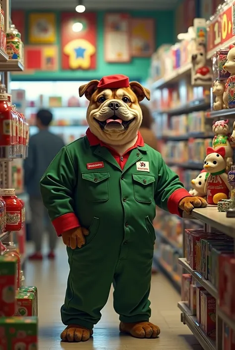 make me a real picture of a fat dog guarding a toy store at the checkout with his two legs wearing an indomart toys uniform,with the atmosphere of crowded shops , and toy stores with lots of toys like toys store in the glass garage outside the store where ...