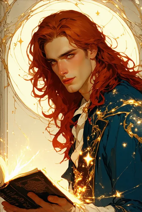 A (handsome man)++ with (long red hair)+++, (golden eyes)+++, wanderer, wearing (starry clothes)+++, holding a book, surrounded by starry magic, Art Nouveau style, inspired by Alphonse Mucha, depicted as “The Fool” tarot card, intricate details, elegant an...