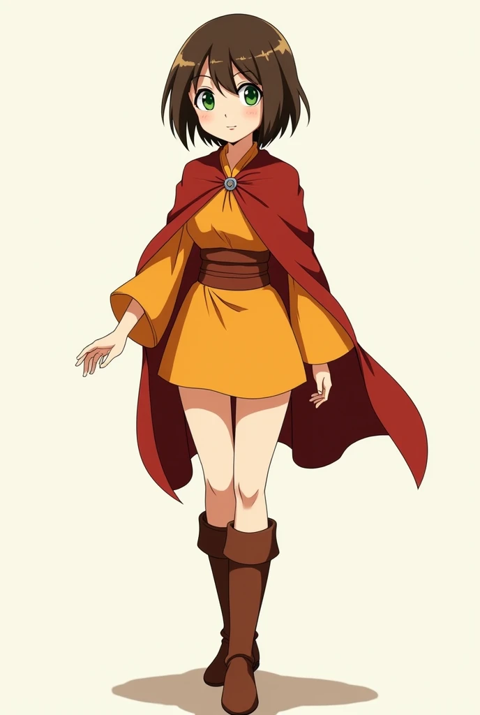  poses in her underwear , With short brown hair (She has no bangs and you can see her forehead ),  green eyes, PIEL BLANCA,  is dressed like the air nomodas , a short dress with bolado ,  some MEDIUM sleeves up to the middle of the arm and loose in orange ...