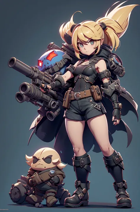 girl character style game contra, with big gun in hand , SHORTS VERY SHORT,  rayman legends style art with dark theme, NieR Automata, perfect symmetry, demons enemies in turn, castlevania style, style rayman legends , small, small sobre armadura robótica