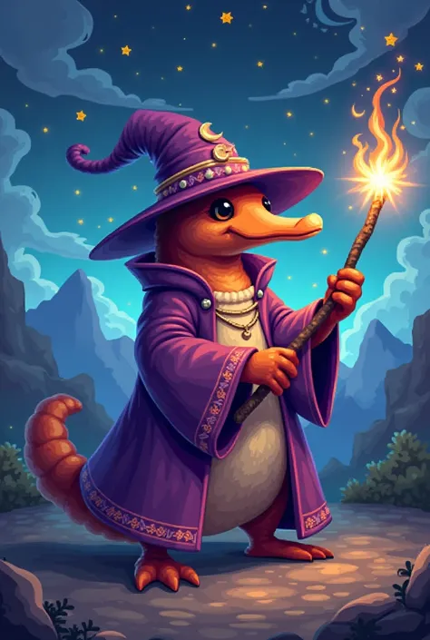 Create a pixel art of a platypus wearing wizard clothing