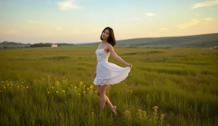 beautiful woman in short dress standing in meadow as first light of dawn begins to touch the horizon.