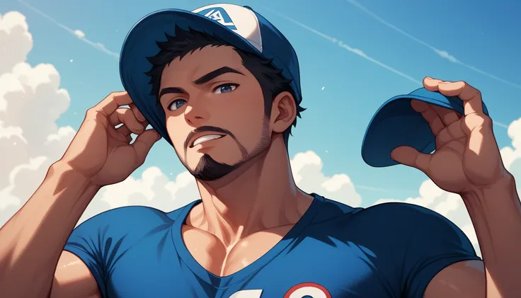  A bearded man with short muscular hair, putting a cap on his head , dynamic scene,  manga style , LINE arte comics