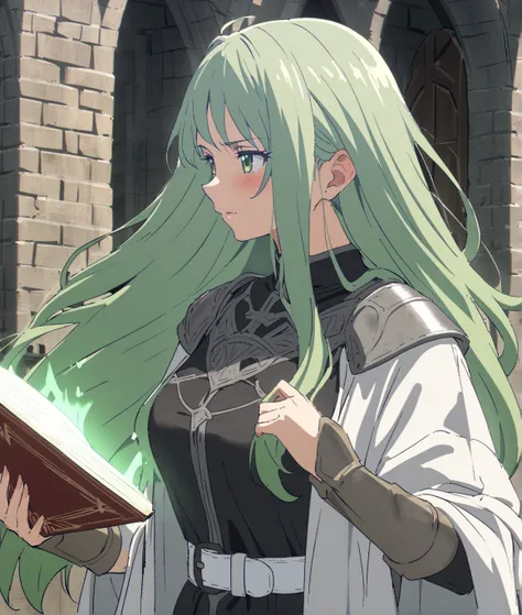 {{upper body}} {{Artist: sincos}} 1girl, mature female, green hair, long hair, green eyes, black dress, white belt,, white coat, outdoors, standing, holding magic book with runes, medieval fantasy.