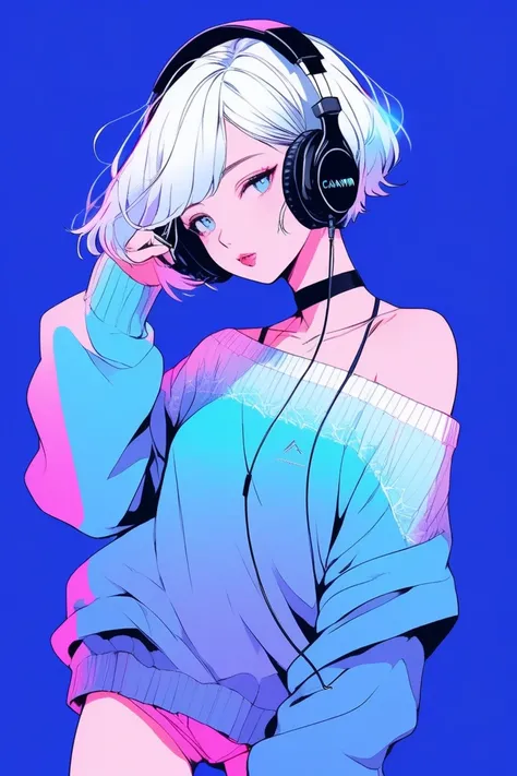 Illustrator, anime , Realistic ,sketch , 1 person, ,lip, Off-the-shoulder sweater, (((whole body))), order, Blue gradient background, Neon Short Hair,Wearing headphones, Texture Trim, Canadian, (masterpiece,Highest quality) cancer,dance hall,dance club