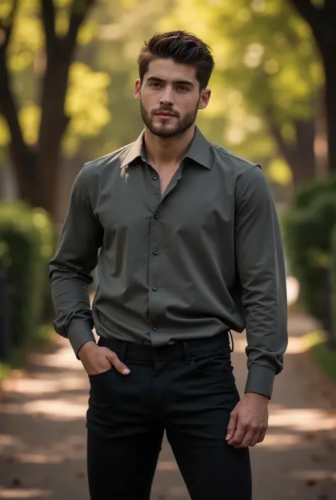 Cody Christian, captured posing in a Barcelona park, wearing a shirt and black pants, soft natural lighting, cinematic and moody, (best quality,4k,8k,highres,masterpiece:1.2),ultra-detailed,(realistic,photorealistic,photo-realistic:1.37),HDR,studio lightin...
