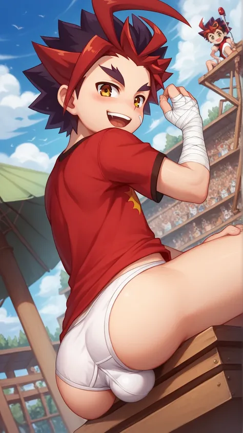   Masterpiece , High Quality , , cute ,,shotacon , young, , Age Regression, Shota,cute boy , Stationary , , perfect opaque , Perfect texture , Perfect sewing, , boys,gao mikado,  , red t-shirt  bandaged arm,,blushed, , smiling and looking flirtatiously , l...