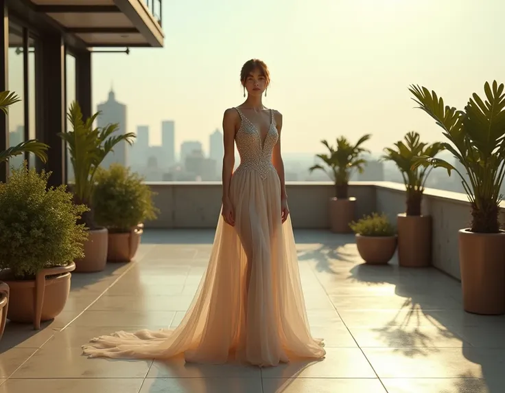 8k,  best quality , masterpiece&#39;work,  realistic ,  not erotic , photo  realistic , Augmenter la qualité, une photo d&#39;une fille debout face à nous dans un rooftop de luxe en robe marque Chanel,pose au milieu d’un décor de