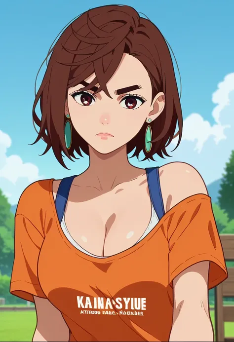 nsfw,  boobs, Big Breasts、score_9, score_8_ up, score_7_ up, Anime screencap,  Source_Anime,  1 girl, Alone,
KYOMOMO, Brown Hair,  brown eyes,  medium hair,  thick eyebrows,  earrings for women with first name, Hair between the eyebrows,  
