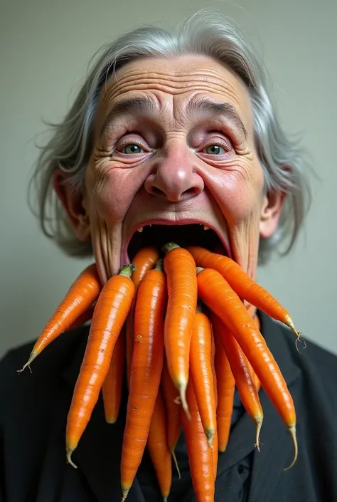 An old woman who has 39476 carrots in her mouth