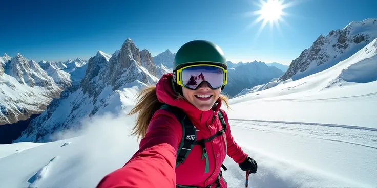 Female skier records handheld video during freeride ski touring in high mountains , selfie