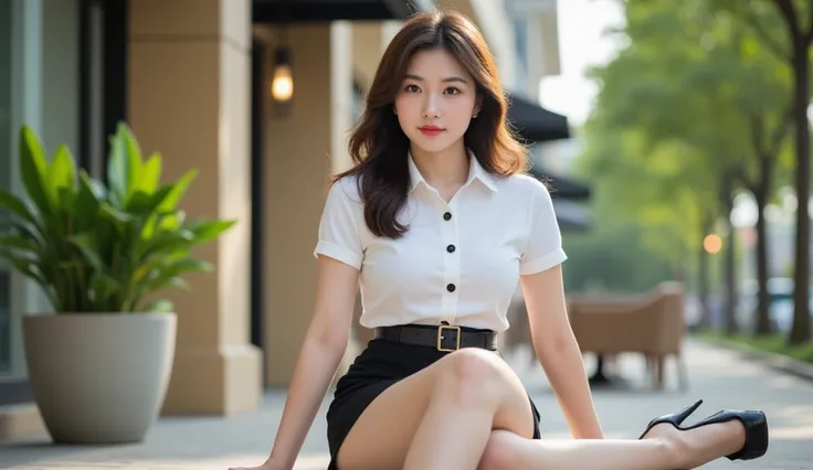 A realistic and detailed photo of an Asian woman, fair skin, casual outdoor shot, front view, eye level. Image A is full body view. She is sitting outside the office building, enjoying a bright day, sitting outdoors, with a blurred work office background. ...