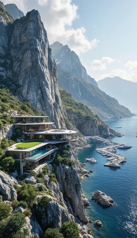 A realistic and highly detailed luxurious modern house built into the side of a massive mountain. The house features cutting-edge nano technology design, including large glass windows, sleek architecture, and minimalist details. It includes a helicopter la...