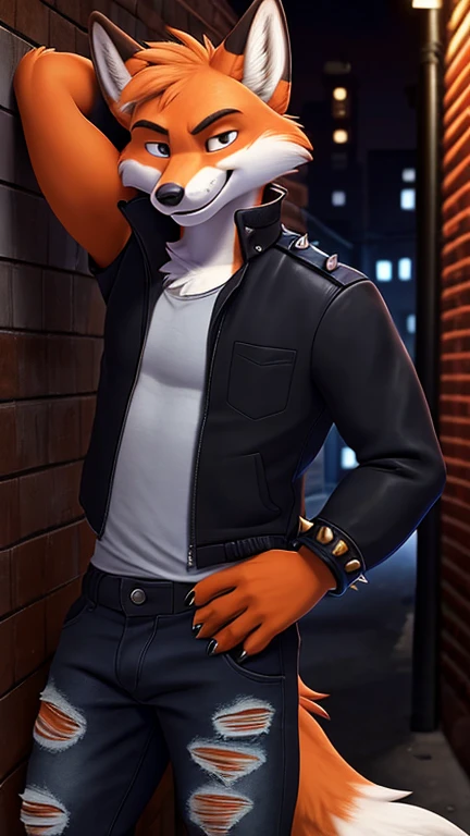 high detail, furry, male, fox, orange and white body, black jacket with long sleeves, black jeans, ripped jeans, spiked wrist, gold cuffs, grey shirt, smirk, 1 hand behind head and 1 hand on hips, leaning on wall, alley, dimly lit