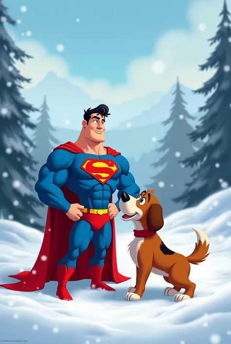 mr peabody and sherman as superman and Krypto in the snow, Krypto pulling superman by biting his cape